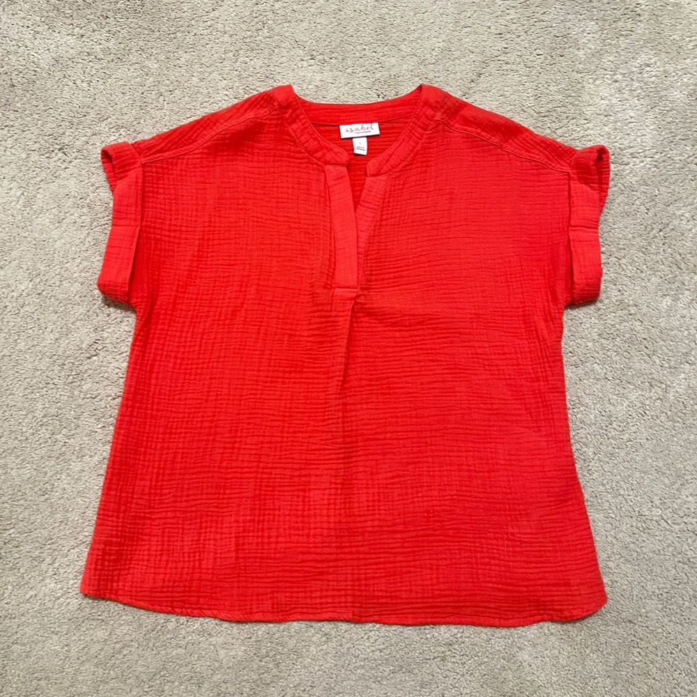 Rails Red Textured Split-Neck Short Sleeve Top